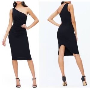 NEW DRESS THE POPULATION Martine‎ One-Shoulder MIDI Dress Black WOMEN Large